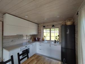德鲁斯基宁凯GREY PINE HOUSE的厨房配有白色橱柜和黑色冰箱。