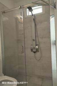 伊奥斯乔拉Cyclades, villa surplombant la mer的带卫生间的浴室内的玻璃淋浴间