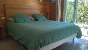 Noyers-sur-JabronLa Prairie的卧室内的一张带绿色床单和枕头的床