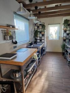 尤尔巴尔卡斯Camp Genys的厨房配有木桌和水槽。
