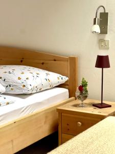 科拉尔博Ameiserhof Guesthouse的一间卧室配有两张床和一张带台灯的桌子