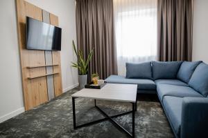 希奥利艾托马斯酒店的客厅配有蓝色的沙发和电视