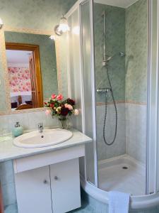 凯斯特海伊Villa Peonia的带淋浴、盥洗盆和淋浴的浴室
