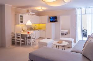 阿达玛斯米洛斯湾套房酒店的厨房以及带沙发和桌子的客厅。