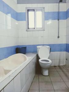 雅温得Cybhouse的一间带卫生间和浴缸的浴室以及窗户。