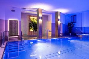 上洛姆纳Wellness Hotel pod Kyčmolem的蓝色灯光的酒店的大型游泳池
