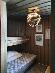 弗洛Hytte i Hallingdal/Flå的一间卧室配有一张双层床和吊灯。