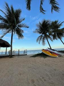 雅帕拉廷加比特恩吉尔帕亚酒店的两棵棕榈树和一条船的海滩