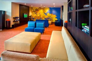 尼亚加拉瀑布尼亚加拉瀑布万怡酒店 的带沙发和蓝色椅子的客厅