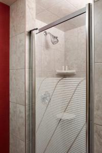 尼亚加拉瀑布尼亚加拉瀑布万怡酒店 的浴室里设有玻璃门淋浴