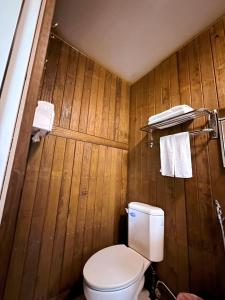 Leye金皮雕工作室的一间带卫生间和木墙的浴室