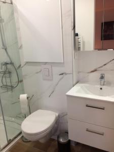 曼德琉-拉纳普勒Appart 2 pièces indépendant dans villa proche centre ville au calme的浴室配有卫生间、盥洗盆和淋浴。