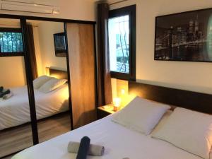 曼德琉-拉纳普勒Appart 2 pièces indépendant dans villa proche centre ville au calme的酒店客房,设有两张床和镜子
