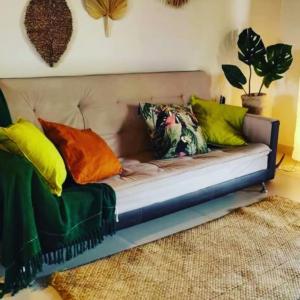 因巴塞Casa noites tropicais的一张沙发,上面有五颜六色的枕头