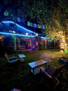 马拉里Mars Monkey Hostel & Cafe的一群野餐桌在晚上在院子里