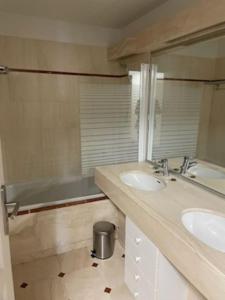 勒图凯-巴黎普拉日Appart T4 lumineux avec terrasse vue mer的浴室设有2个水槽、镜子和浴缸。
