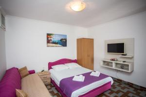 乌尔齐尼Apartments Jelena Ulcinj的一间卧室配有一张床、一张沙发和一台电视。