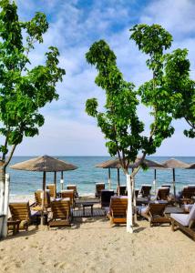 帕拉塔蒙凯梅特酒店的海滩上设有椅子和遮阳伞,还有大海