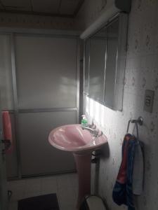 库里提巴Quartos em Casa próximo ao Parque Bacacheri的浴室设有粉红色的盥洗盆和镜子