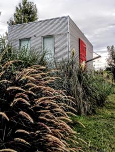 巴拉那B&B - El Refugio -C D的一座房子,有红门和高大的草