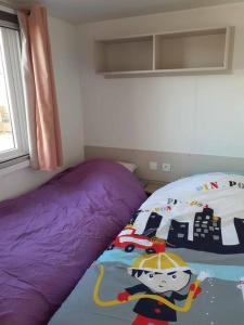 维亚斯Mobil-home CLOS 18 à VIAS的卧室配有一张床上的2个紫色枕头