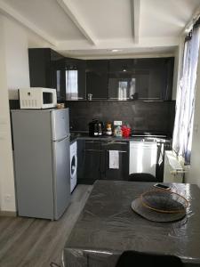 塔布palalain appartement的厨房配有黑色橱柜和白色冰箱。