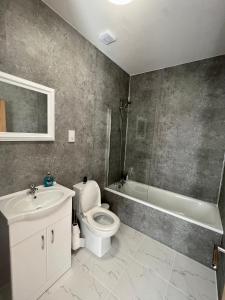 威灵堡2 Bedroom Flat Ground Floor in Town Center的浴室配有卫生间、盥洗盆和浴缸。