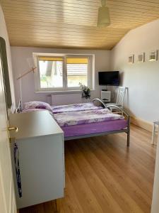 Chrzypsko WielkiePokoje z widokiem的一间卧室,在房间内配有一张紫色的床