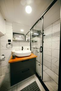 格雷梅Cappatiny House的一间带水槽和玻璃淋浴的浴室