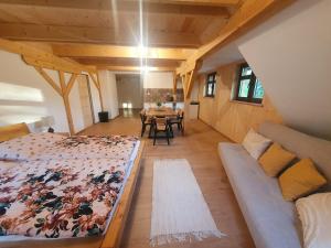 梅图耶河畔特普利采Chalupa Kamenný Vrch Adršpach的一间设有两张床和一张桌子及椅子的房间