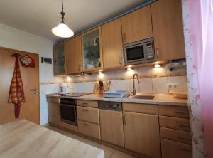 巴特利普施普灵格Erholungsapartment的厨房配有木制橱柜、水槽和微波炉