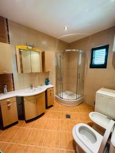布德瓦Holiday Home Vesna的带淋浴、盥洗盆和卫生间的浴室