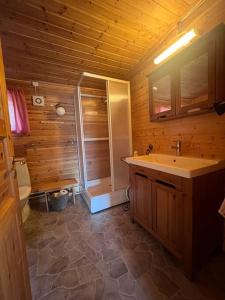 SvensbyCozy and spacious cabin的小屋内的浴室设有水槽和淋浴