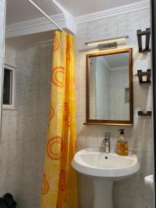 吉诺卡斯特Yuri Guest House的浴室设有水槽和黄色的淋浴帘
