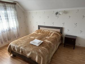塞凡Chkalovka guest house with Sevan view的一间卧室配有一张床铺,床上有毯子