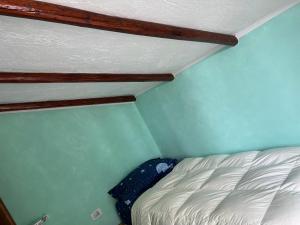 塞里纳Camera Singola con Terrazza Panoramica的一间小卧室,配有一张蓝色墙壁上的床铺