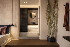 纳克索乔拉Emery Hotel的走廊上设有镜子和盆栽