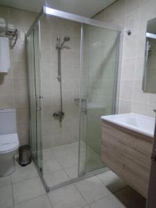 切什梅Grand Faik Hotel的带淋浴、水槽和卫生间的浴室