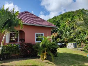 格罗斯岛BenCastle Villa的一座粉红色的房子,前面有棕榈树