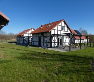 斯莫尔德兹斯基拉斯Domki Trzy - 3的两座大型的白色和黑色建筑,有草地