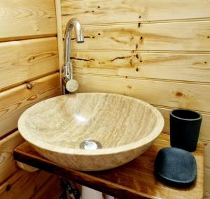 多切斯特Piddle Puddle Cabin的浴室设有木墙和水槽