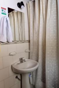 圣卡洛斯-德巴里洛切Cuatro Cerros Hostel的一间带水槽和淋浴帘的浴室