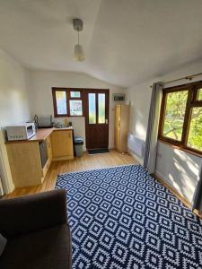 坎伯恩Picturesque Cabin in Cornwall的一间铺有蓝色和白色地毯的客厅