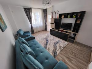 北马马亚-讷沃达里Apartament Holiday的客厅配有蓝色的沙发和电视
