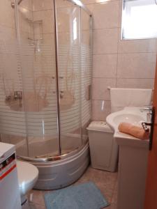 斯维蒂尤拉伊Apartment Drago的带淋浴、卫生间和盥洗盆的浴室