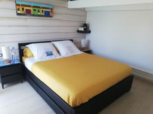 拉罗谢尔Studio indépendant chez l'habitant avec piscine et cuisine extérieure的一间卧室配有一张黄色毯子床