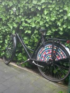 斯塔普霍斯特Het Atelier, sfeervolle B&B compleet appartement in hartje Staphorst的一辆自行车,上面有一个五颜六色的篮子,停在墙上