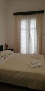 佩里萨5bedroom villa in perissa beach的窗户前的一张床上有两条毛巾