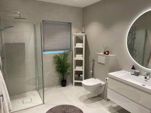 卡伯尔沃格Eksklusiv leilighet med spektakulær utsikt的带淋浴、卫生间和盥洗盆的浴室