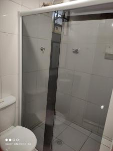 拉夫里尼亚斯Sítio Vista da Serra的设有带卫生间的浴室内的淋浴间